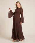 Brown chiffon maternity maxi dress with bell sleeves and lace-up back, designed for maternity photoshoots.