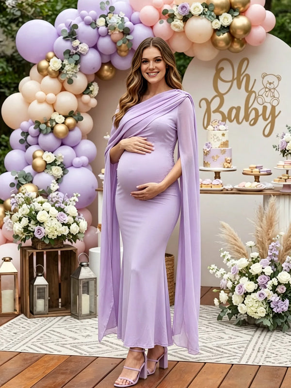 Lavender maternity maxi dress with chiffon cape sleeves and fitted body, designed for baby shower.