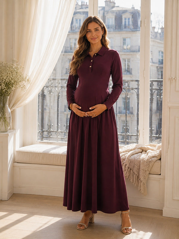 Plum maternity shirt maxi dress with collar, button placket, long sleeves and A-line skirt, designed for everyday wear.