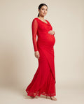 Red maternity maxi dress with cowl neck and layered mesh skirt, designed for baby showers and parties.