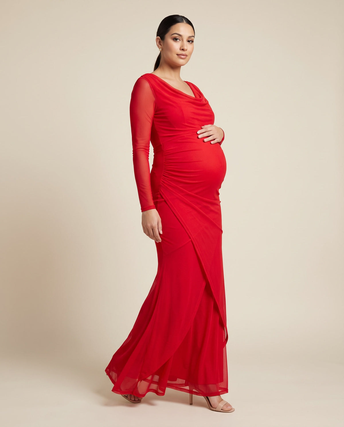 Red maternity maxi dress with cowl neck and layered mesh skirt, designed for baby showers and parties.