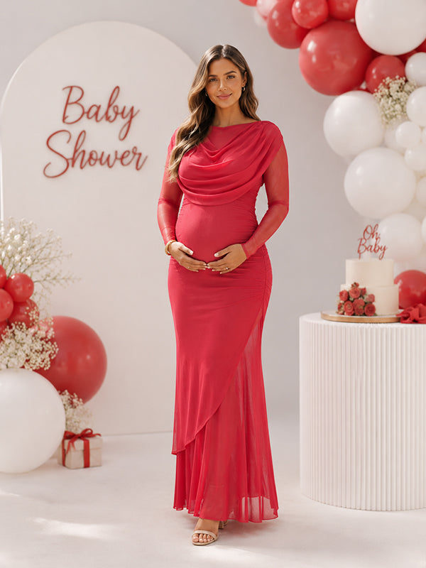 Red mesh maternity maxi dress with draped cowl neck, sheer sleeves and layered hem, designed for baby shower.