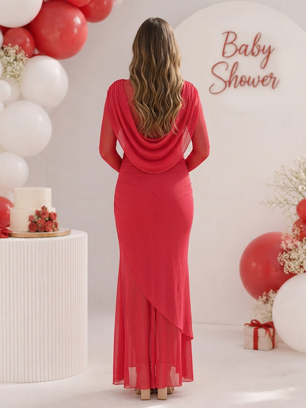 Back view of red mesh maternity maxi dress with draped cowl neck, sheer sleeves and layered hem, designed for baby shower.