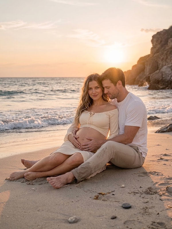 Ivory maternity two-piece set with bell sleeve crop top and high-low skirt, designed for beach photoshoot.