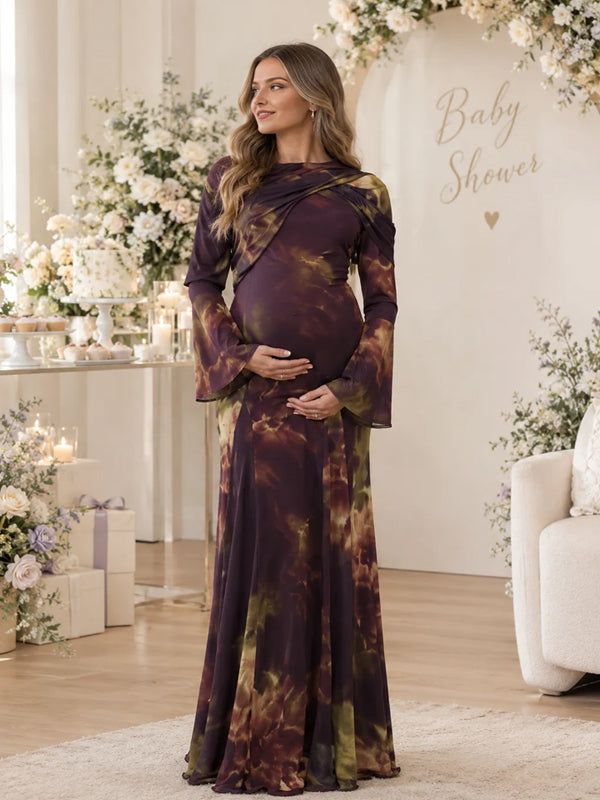 Plum floral print satin maternity maxi dress with draped cape scarf and bell sleeves, designed for baby shower.