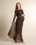 Brown mesh maternity maxi dress with draped cowl overlay and ruched skirt, designed for baby showers.