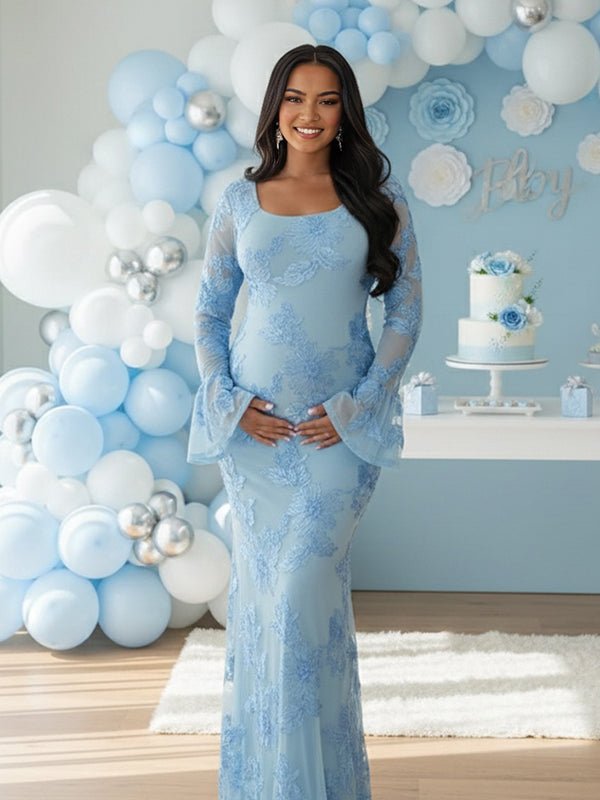 Light blue floral embroidered mesh maternity maxi dress with scoop neck and bell sleeves, designed for baby shower.