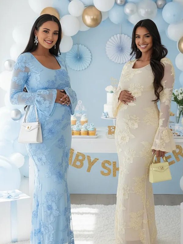 Light blue floral embroidered mesh maternity maxi dress with scoop neck and bell sleeves, designed for baby shower.