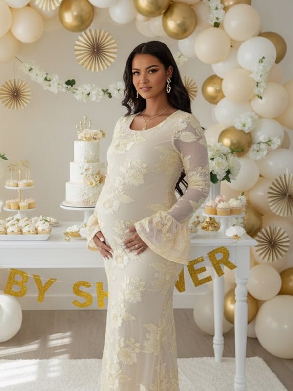 Ivory floral embroidered mesh maternity maxi dress with scoop neck and bell sleeves, designed for baby shower.