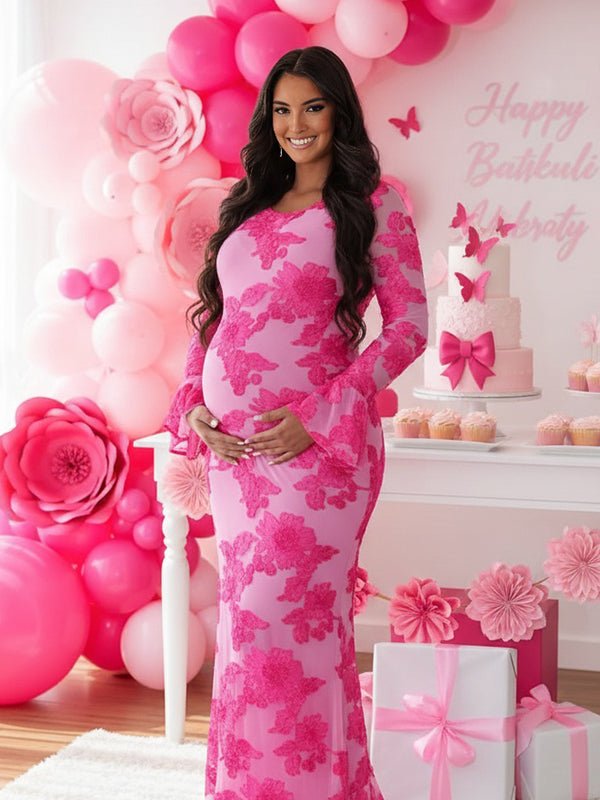 Hot pink floral embroidered mesh maternity maxi dress with scoop neck and bell sleeves, designed for baby shower.