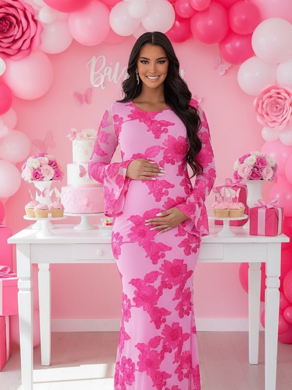 Hot pink floral embroidered mesh maternity maxi dress with scoop neck and bell sleeves, designed for baby shower.