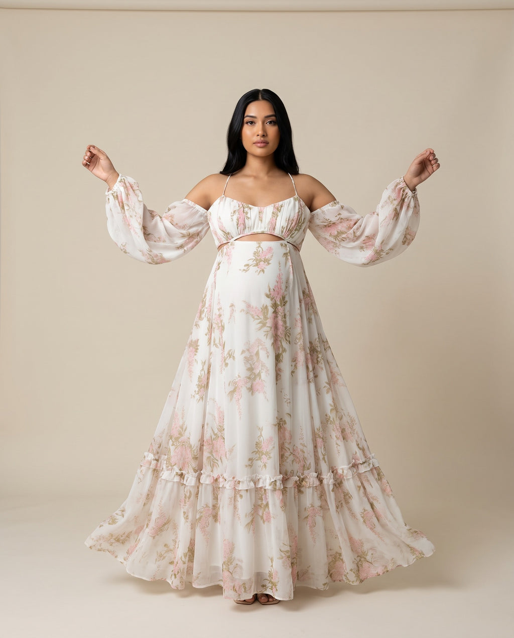 White floral chiffon maternity maxi dress with cold shoulder neckline and balloon sleeves, designed for baby shower and maternity photoshoots.