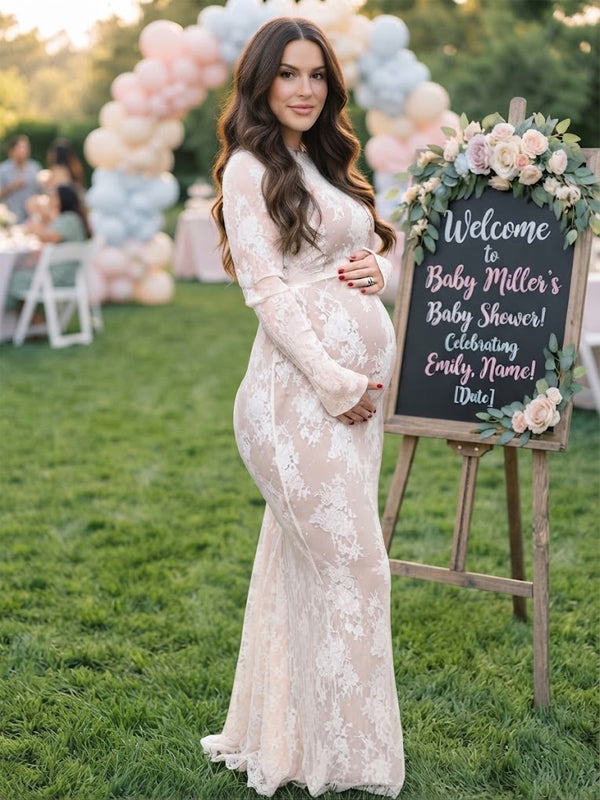 Ivory lace maternity maxi dress with high neck, long sleeves and mermaid hem, designed for baby shower.
