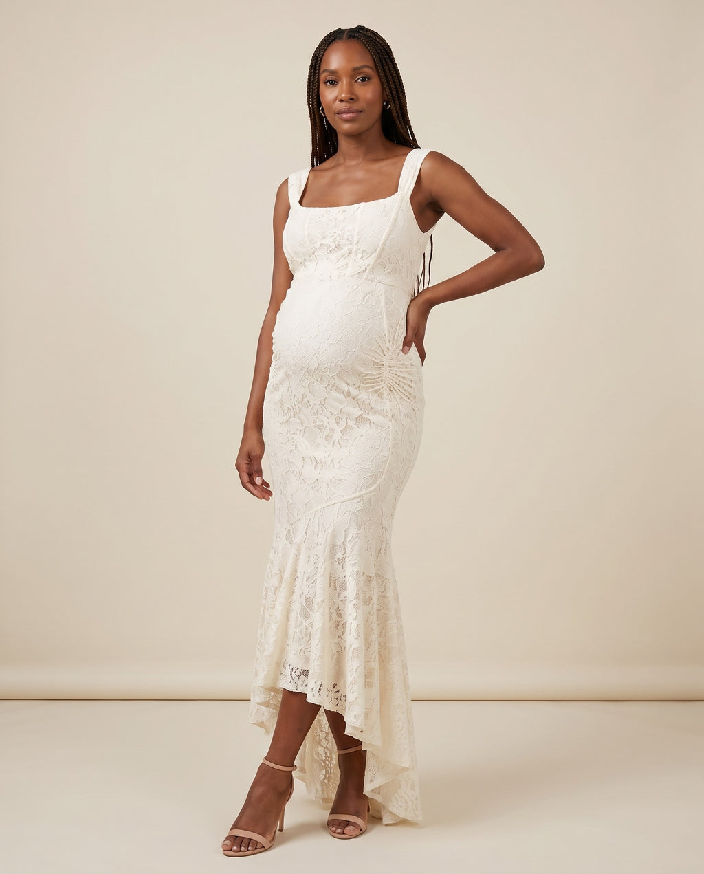 Ivory lace maternity maxi dress with square neckline and high-low mermaid hem, designed for baby shower and maternity photoshoots.