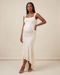 Ivory lace maternity maxi dress with square neckline and high-low mermaid hem, designed for baby shower and maternity photoshoots.