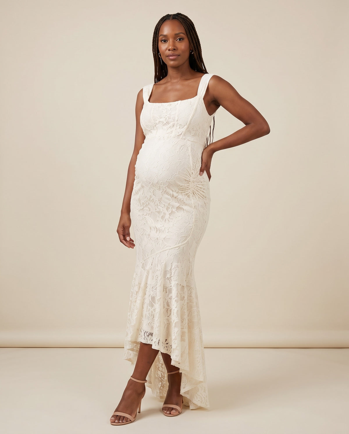 Ivory lace maternity maxi dress with square neckline and high-low mermaid hem, designed for baby shower and maternity photoshoots.