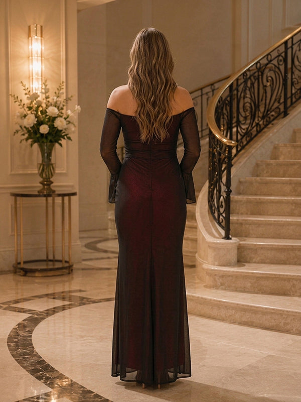Back view of burgundy mesh maternity maxi dress with off-shoulder neckline, sheer flare sleeves and mermaid hem, designed for baby shower and parties.