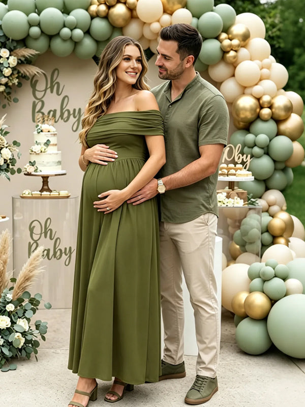 Olive green maternity maxi dress with ruched off-shoulder neckline, smocked high waist and flowy skirt, designed for baby shower.