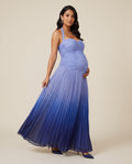 Blue ombre pleated maternity maxi dress with halter neckline, designed for maternity photoshoots and formal events.