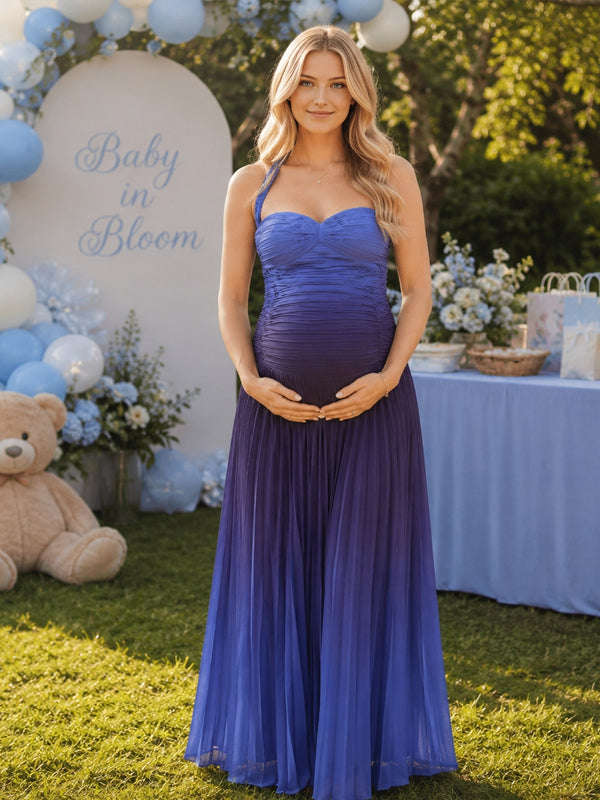 Blue ombre pleated chiffon maternity maxi dress with ruched halter sweetheart bodice and open back, designed for baby shower.