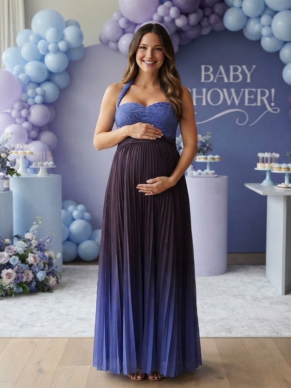 Blue ombre pleated chiffon maternity maxi dress with ruched halter sweetheart bodice and open back, designed for baby shower.