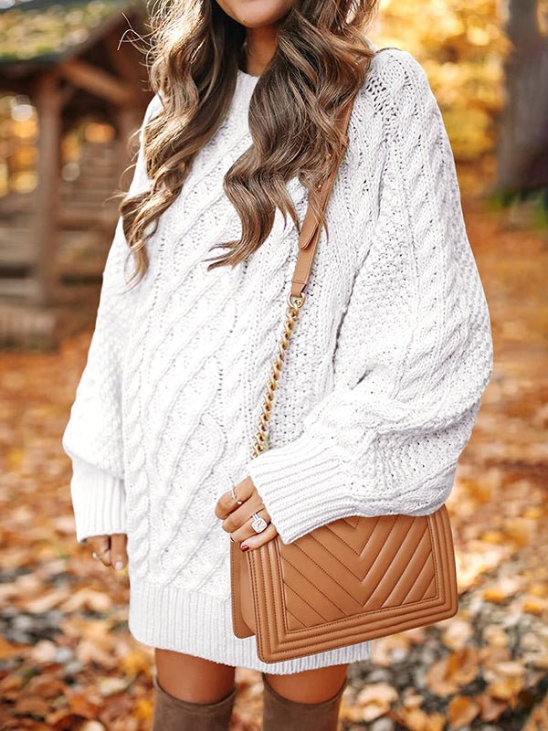 Cream white oversized cable knit maternity mini sweater dress with crew neck and balloon sleeves, designed for everyday wear.