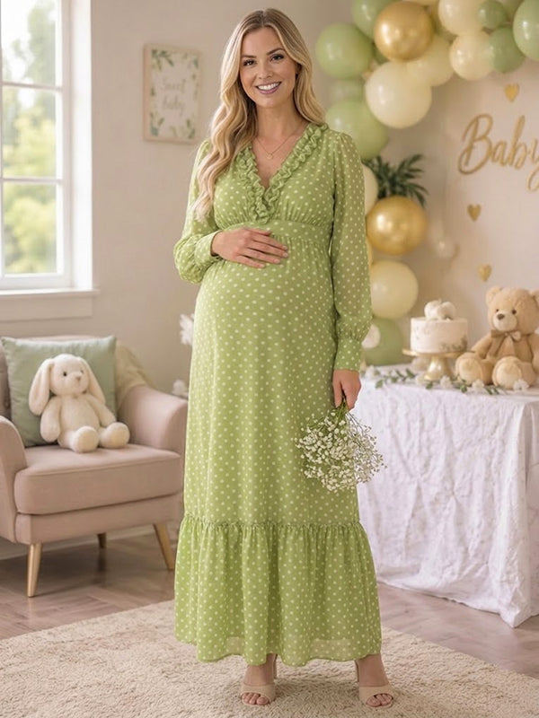 green maternity maxi dress Polka Dot Baby Shower Dress, V Neck Ruffle Trim Long Sleeve Smocked Back Tiered Ruffle Hem Flowy Cute Casual Gown – RIOLA pregnancy dress ideas