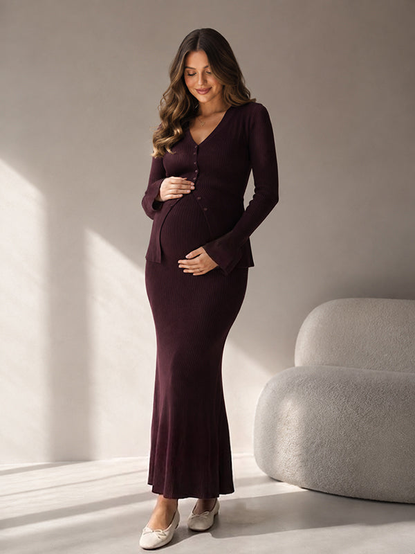 Burgundy rib knit maternity two-piece set with button cardigan and fitted maxi skirt, designed for maternity photoshoot.