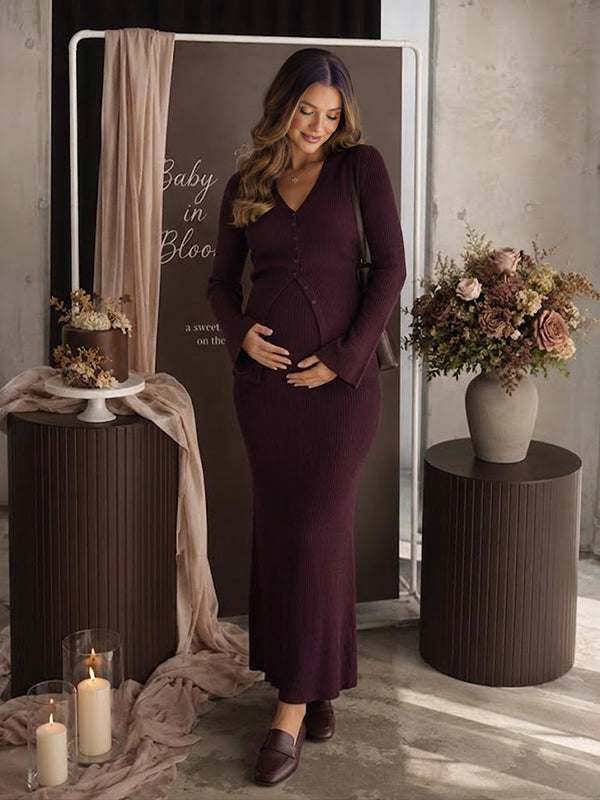 Burgundy rib knit maternity two-piece set with button cardigan and fitted maxi skirt, designed for maternity photoshoot.