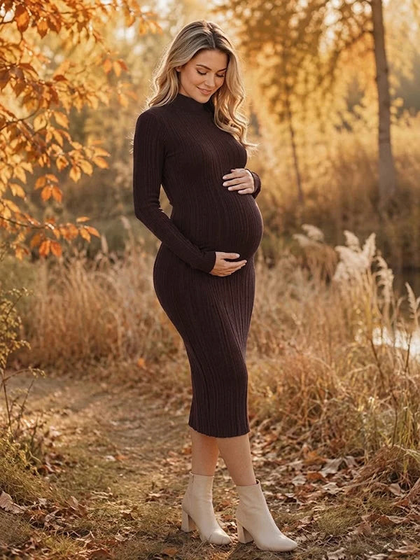 Coffee ribbed knit maternity midi dress with mock neck and long sleeves, designed for maternity photoshoot.