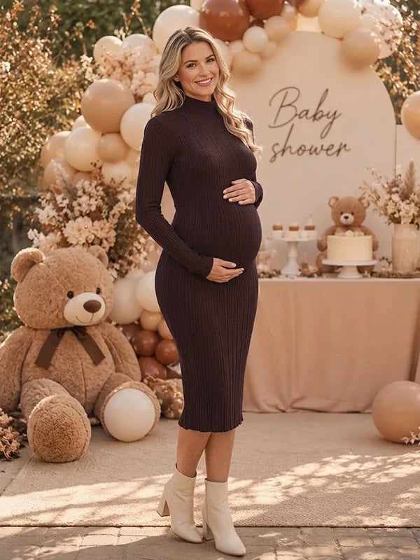 Coffee ribbed knit maternity midi dress with bodycon fit and long sleeves, designed for baby shower.