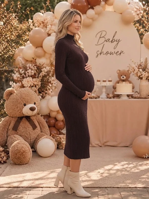 Coffee ribbed knit maternity midi dress shown from the side, designed for baby shower.