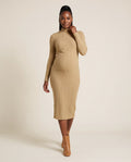 Khaki ribbed knit maternity midi dress with mock neck and long sleeves, designed for everyday and photoshoot wear.