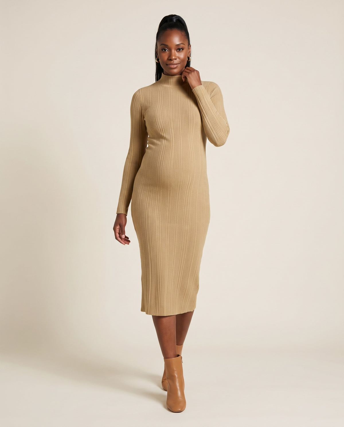 Khaki ribbed knit maternity midi dress with mock neck and long sleeves, designed for everyday and photoshoot wear.