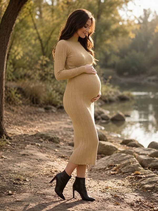 Khaki ribbed knit maternity midi dress with bodycon fit shown from the side, designed for maternity photoshoot.