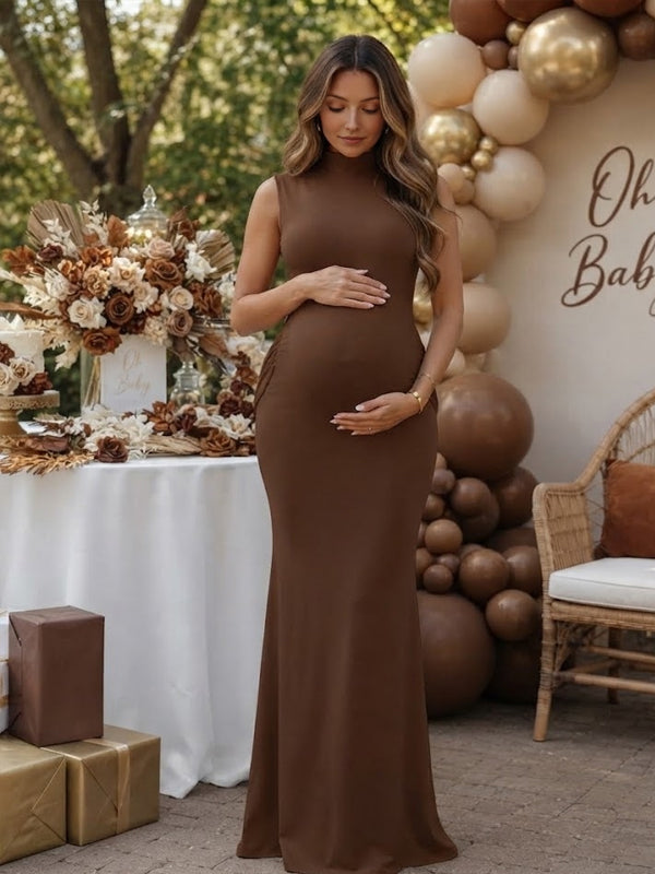 Brown maternity maxi dress with mock neck and bodycon fit, designed for baby shower.