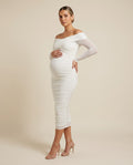 White ruched mesh off-shoulder maternity midi dress with long sleeves, designed for baby showers.