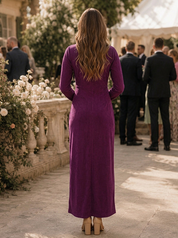 Back view of purple ruched maternity maxi dress with V-neck, gold star buttons and long sleeves, designed for wedding guests.