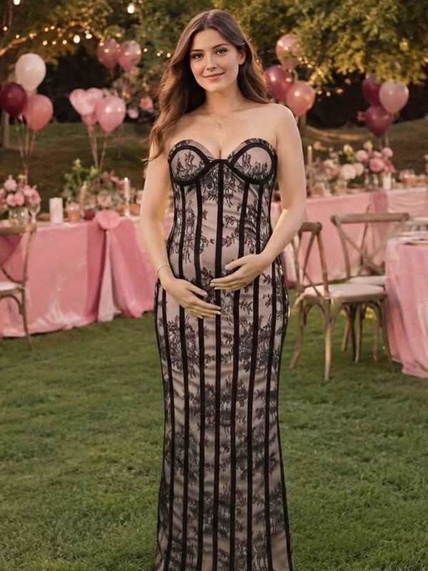 Black strapless lace maternity maxi dress with sweetheart corset bodice and lace-up back, designed for baby shower.