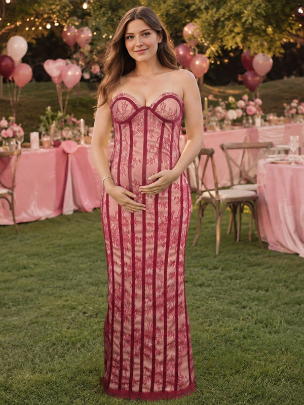 Red strapless lace maternity maxi dress with sweetheart corset bodice and lace-up back, designed for baby shower.