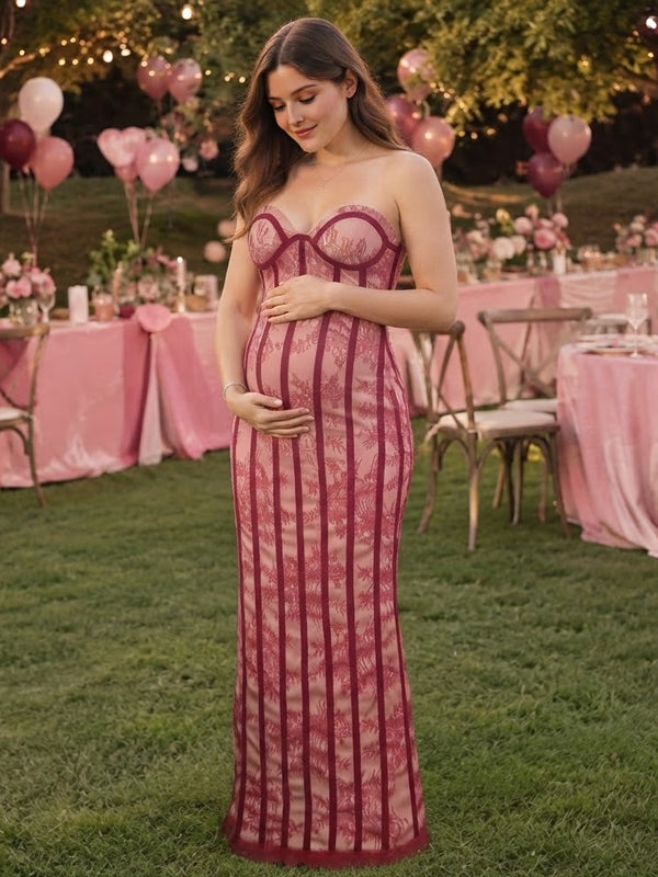 Red strapless lace maternity maxi dress with sweetheart corset bodice and lace-up back, designed for baby shower.
